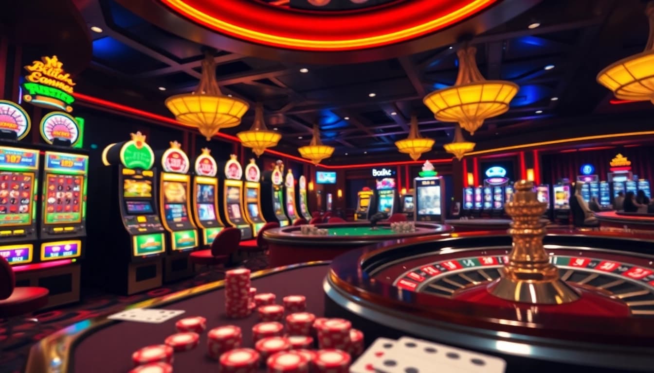 Engaging BDTK1 app scene on a vibrant casino floor filled with slot machines and roulette.