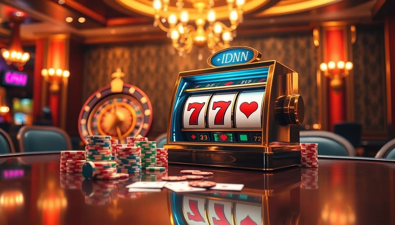 IDN slot machine surrounded by poker chips and vibrant cards in a luxurious casino setting