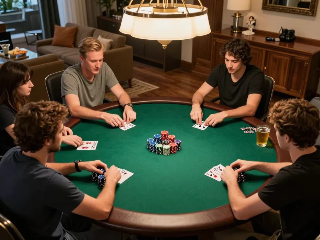 Players strategizing at the poker table with VK88 chips stacked, showcasing a competitive gaming atmosphere.