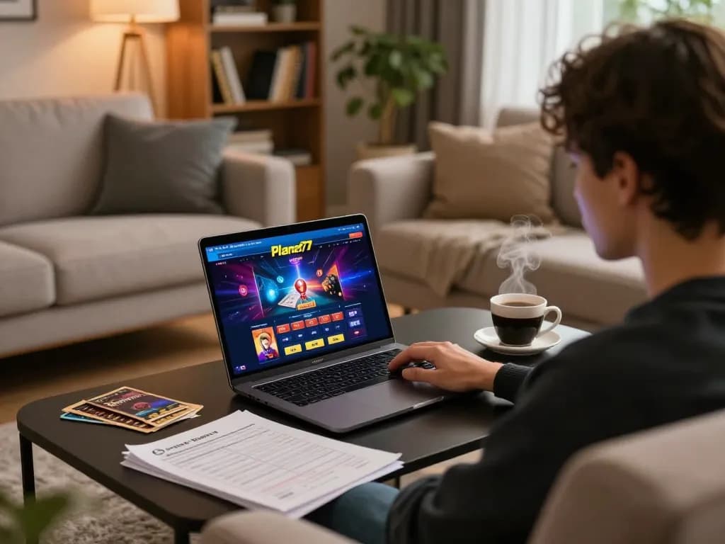 Berdiskusi tentang permainan online di Planet77 dari pengaturan ruang tamu yang nyaman dengan panduan strategi.