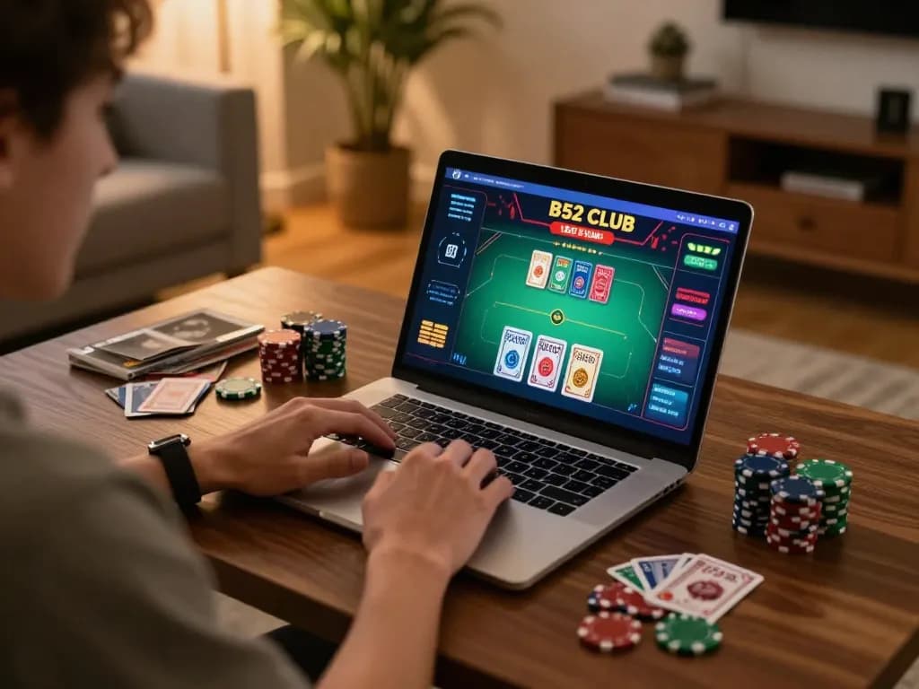 Engaging in a thrilling B52 CLUB online poker game on a cozy home setup