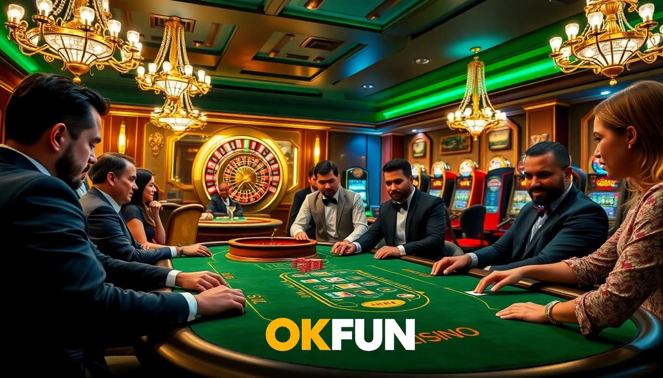 Engage in high-stakes poker at OKFUN, surrounded by thrilling casino excitement and elegant décor.