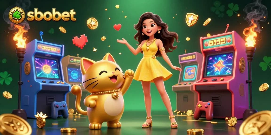 Engage in sbobet betting excitement with a cheerful Asian woman and golden lucky cat in a vibrant casino setting.