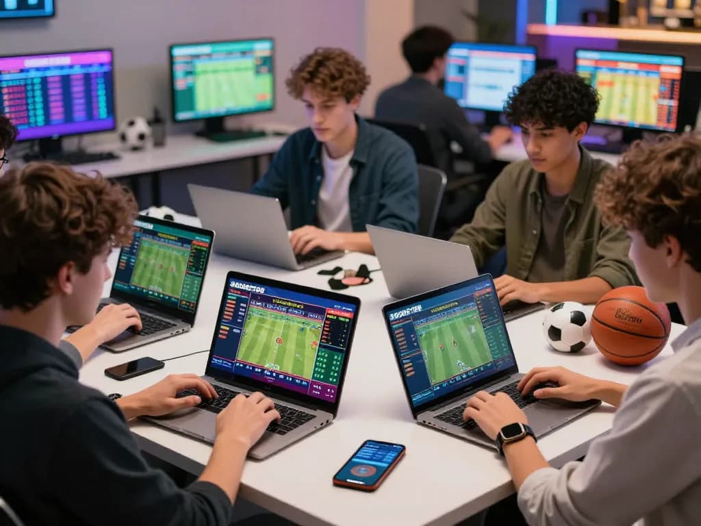 SBOBET88 online betting scene with players engaging in sports betting and using laptops.