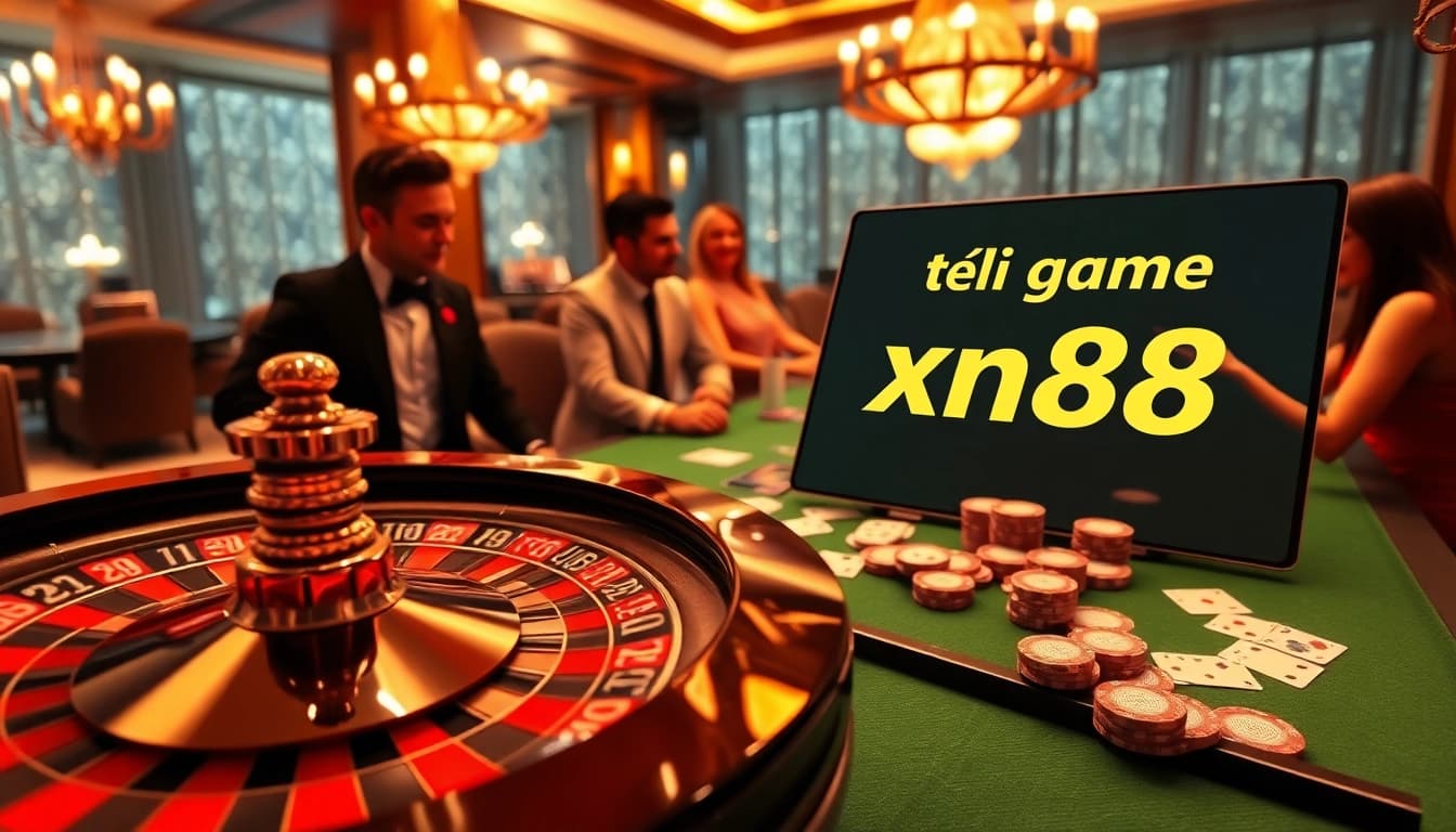 Engage in excitement as you tải game xn88 in a luxurious casino setting with poker chips, cards, and a roulette wheel.