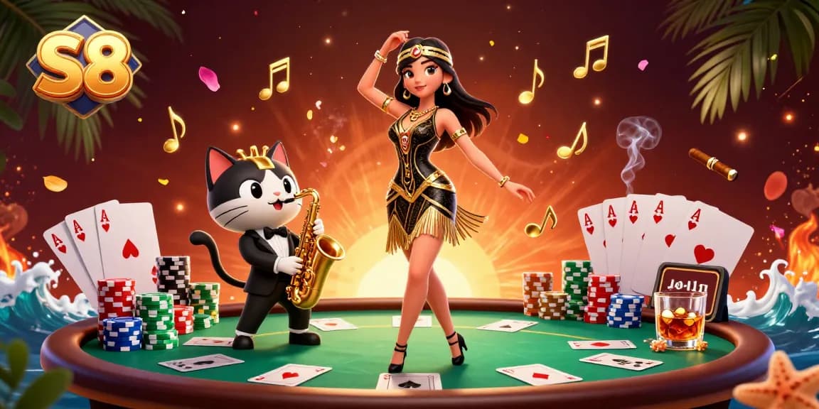 S8 rewards players with promotion details featuring dynamic casino scene with poker elements.