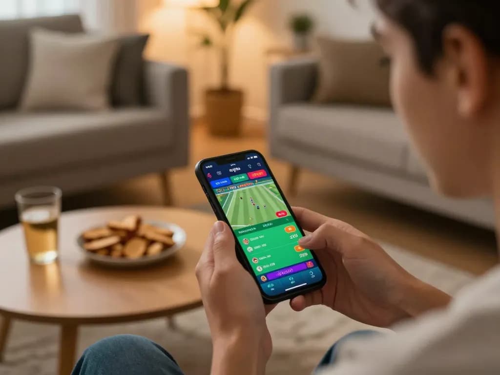 VA88 sports betting scene with smartphone open, live odds displayed in an engaging home setting.
