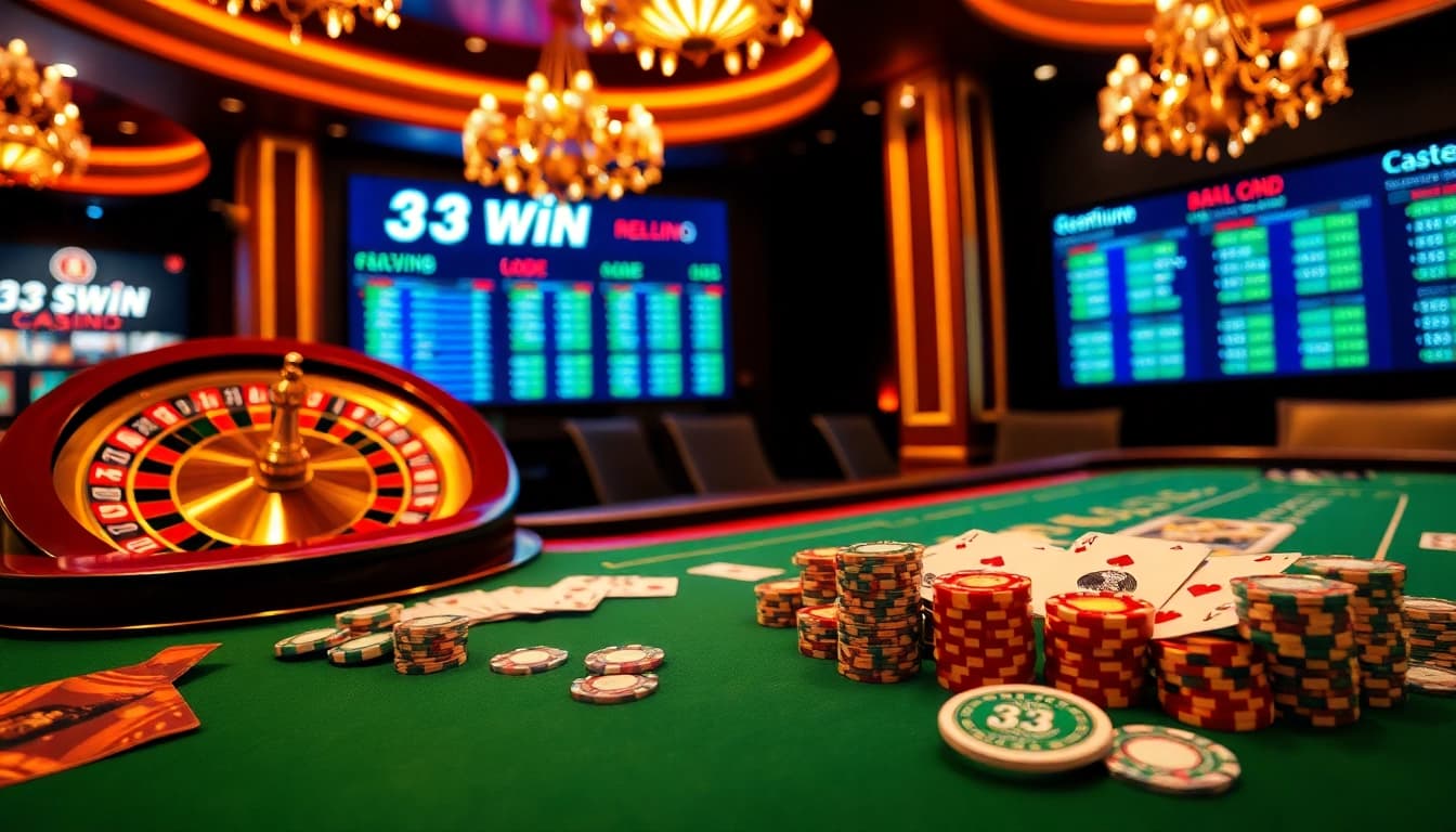 Visualize elite gamblers engaging with 33win's vibrant online casino, highlighted by exciting roulette and poker elements.