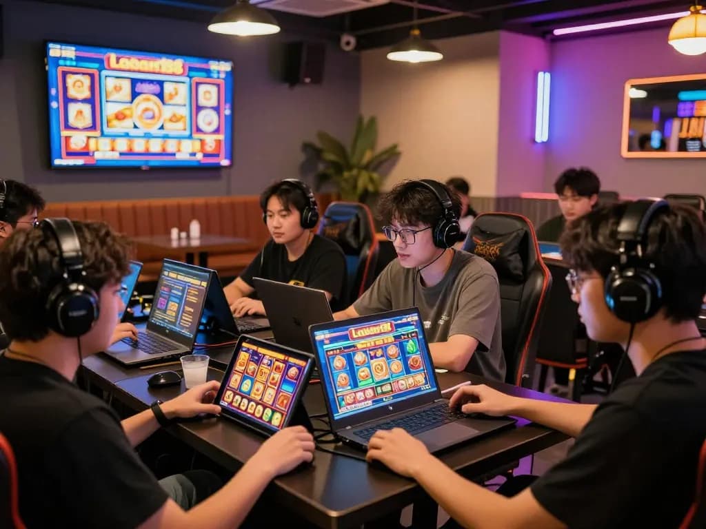 Pemain menikmati slot online laoban188 dalam suasana kafe permainan yang hidup.