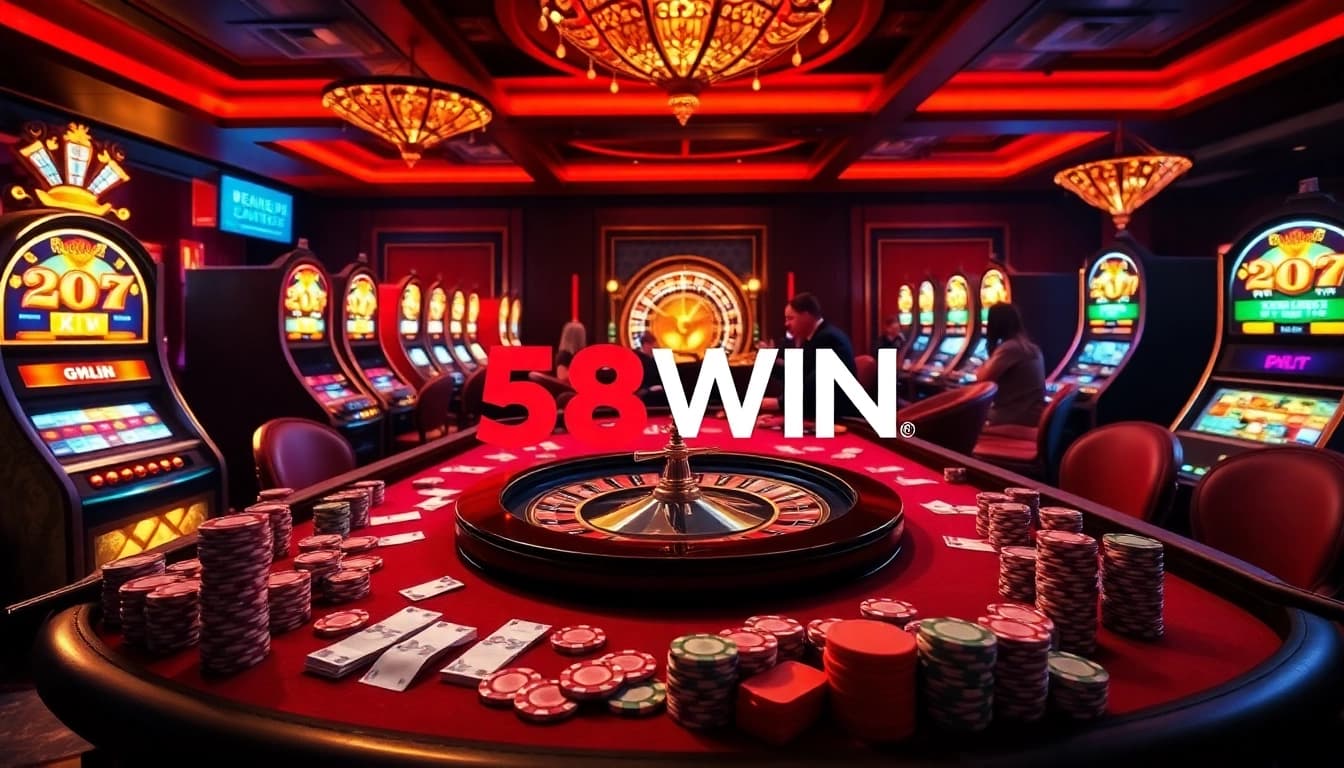 Engaging scene of players enjoying a thrilling game at a 58WIN casino table with vibrant poker chips and cards.