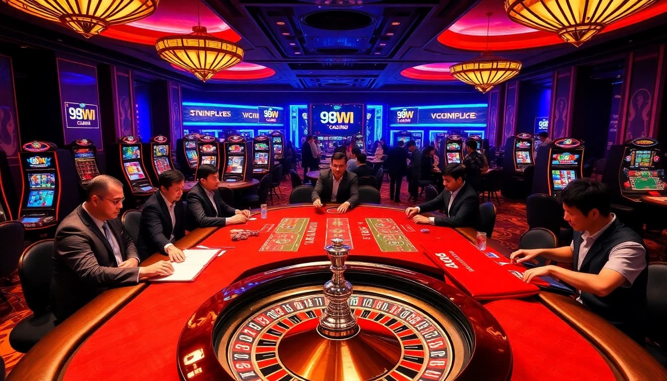 Experience the thrill of 98win đăng nhập with vibrant tables and engaged players in an upscale casino setting.