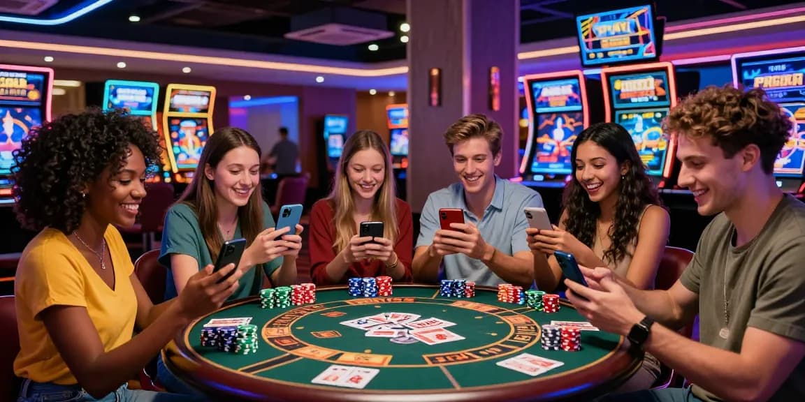 Enjoying free APK Betgames with friends in a vibrant casino atmosphere, digital screens showcasing exciting games.