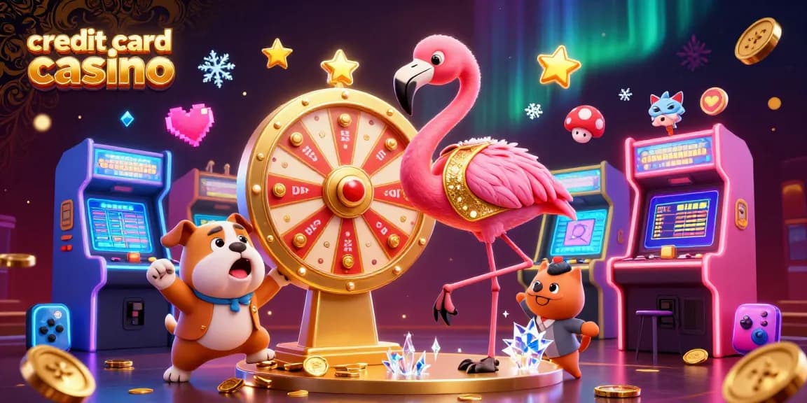 The exciting scene of a credit card casino with a flamingo host, bulldog contestant, and prizes in a vibrant 3D setting.