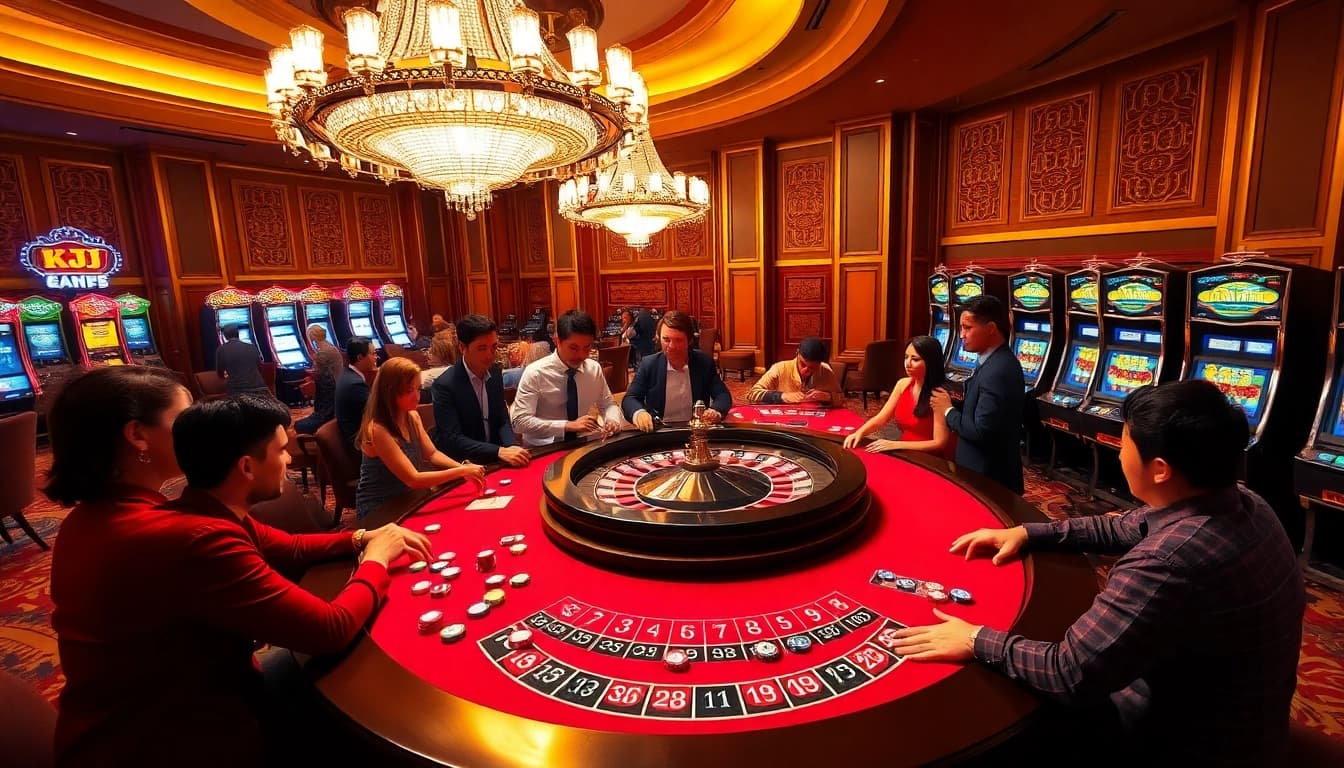 Players enjoying an exciting game at KJC's luxurious casino, showcasing roulette and poker dynamics.