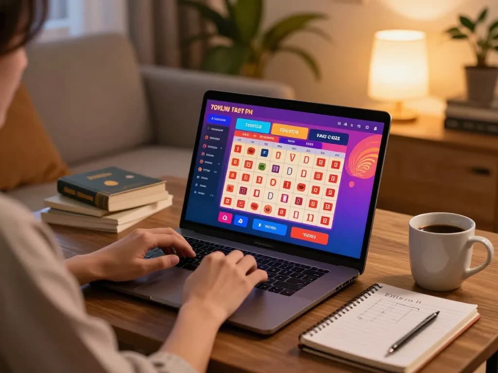 Engaging in togel online gaming on a laptop with warm vibes and strategic elements