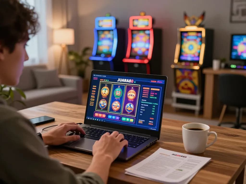 Engaging with JUARA88 online gaming platform on a laptop, featuring colorful slot machines.