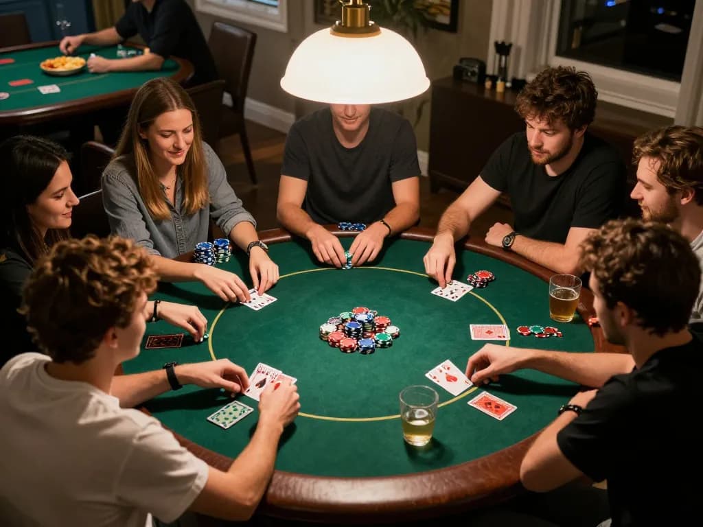 Sahabat-sahabat yang menikmati malam permainan poker yang menyenangkan, menunjukkan gameplay yang menarik dan strategi dalam pertemuan sosial di slovakia-vhs.