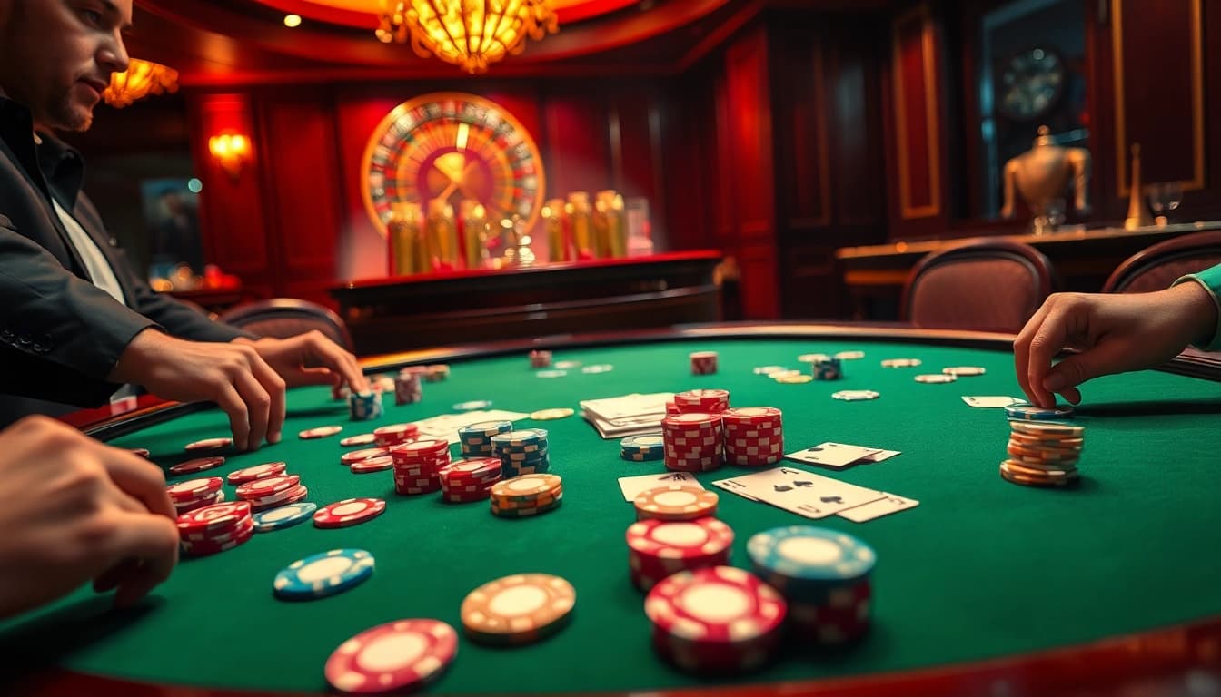 Join the thrilling card action at https://tg88.fyi/ showcasing vibrant poker chips and an exciting casino atmosphere.