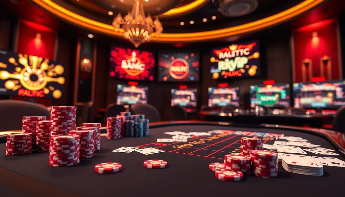 Engage with rikvip casino action at a vibrant poker table featuring chips and cards.