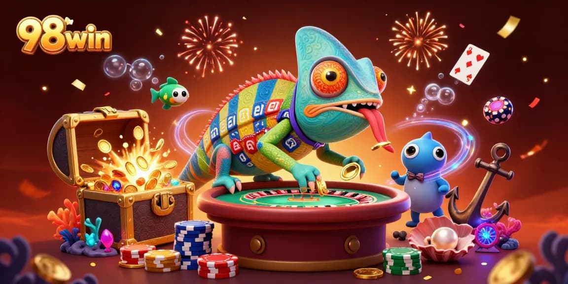 Experience exciting casino gaming with 98win as our colorful chameleon mascot attracts golden rewards.