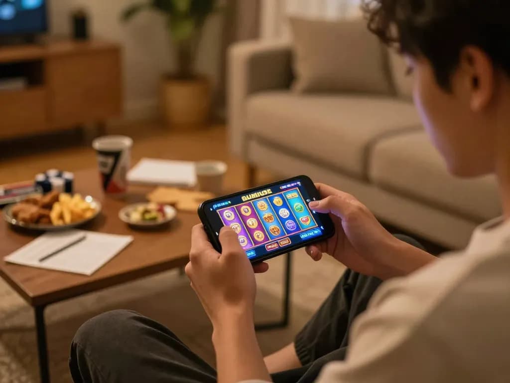 Playing slot gacor on smartphone at home, showcasing vibrant gaming experience.
