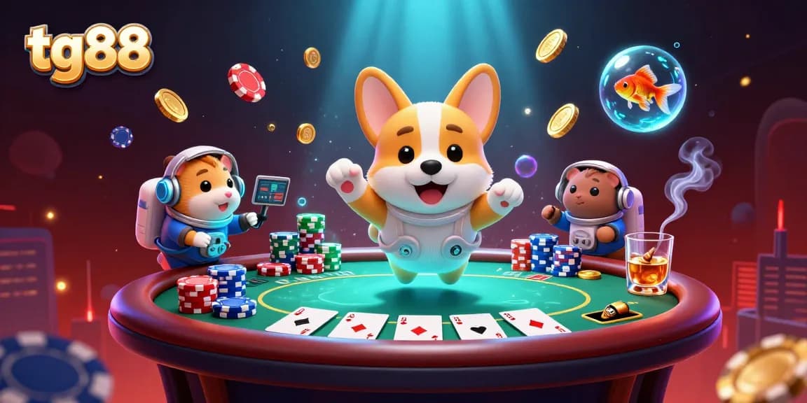Engage in thrilling games at tg88 with a 3D floating corgi, poker chips, and vibrant casino elements.