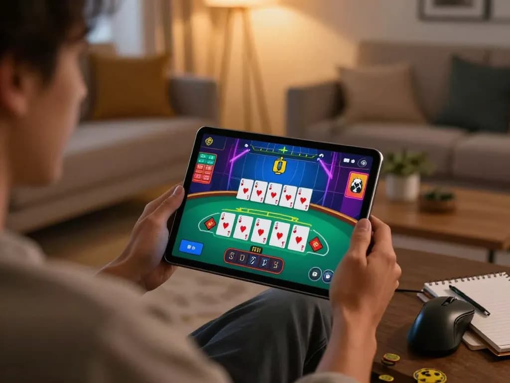 Engaged player using fabet to strategize live blackjack in a cozy home setting