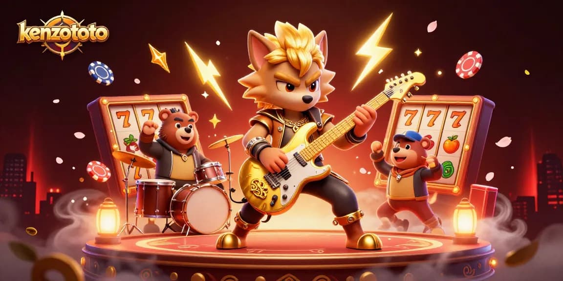 Kenzototo casino scene featuring a rock star wolf and drummer bear with dynamic slot reels and vibrant effects.