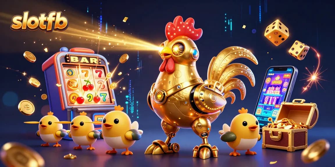 Menyusuri slotfb dengan robot ayam emas futuristik dan drone anak ayam, jackpot bertaburan koin di sekelilingnya.