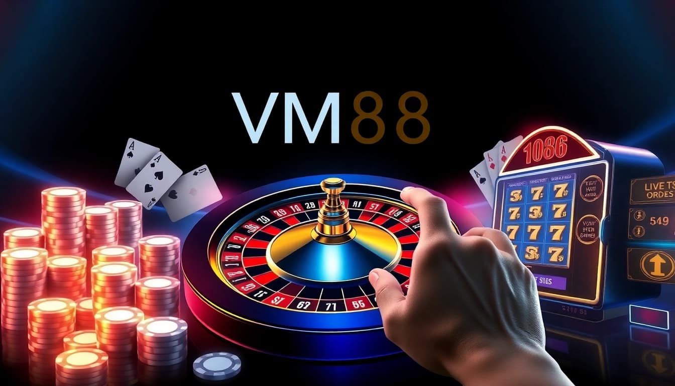 VM88 online casino launching a strategic roulette spin with glowing chips and digital cards