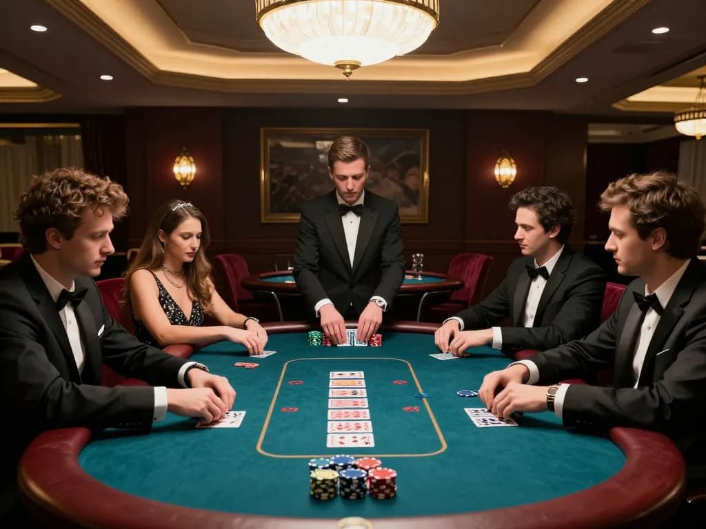 Players strategizing at a poker table in an upscale casino, showcasing NK88 gameplay