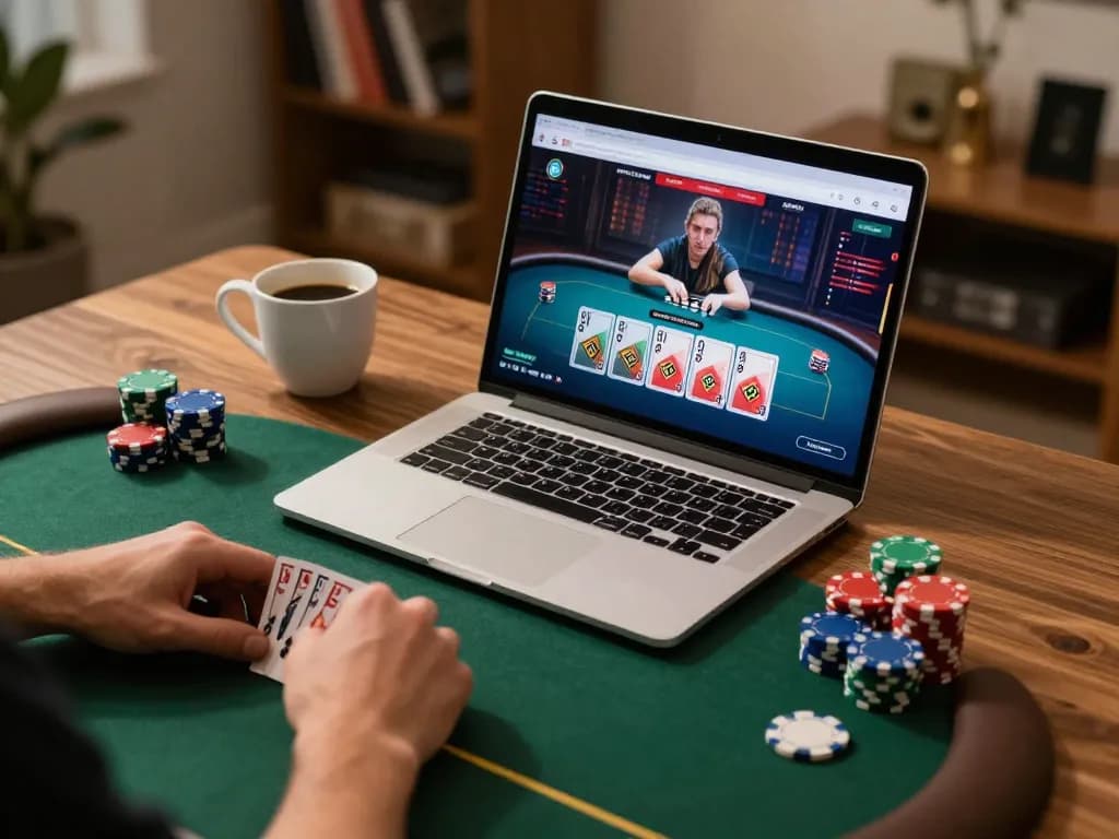 KONG88 online poker game in a cozy home office with strategic gameplay moments.
