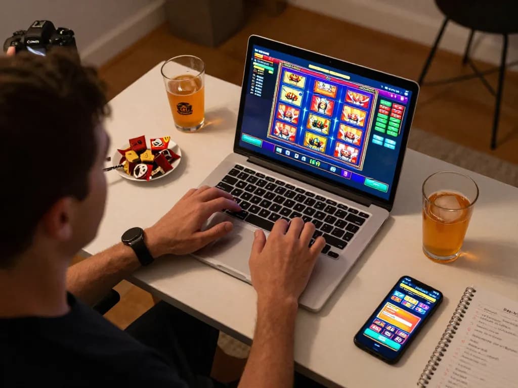 Engaging slot online gacor gameplay on a laptop in a cozy home setting with snacks and strategies visible.