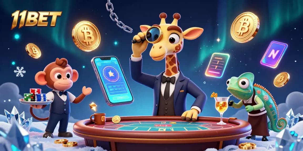 Experience thrilling gaming at 11BET with VIP characters, crypto elements, and a vibrant casino setting.