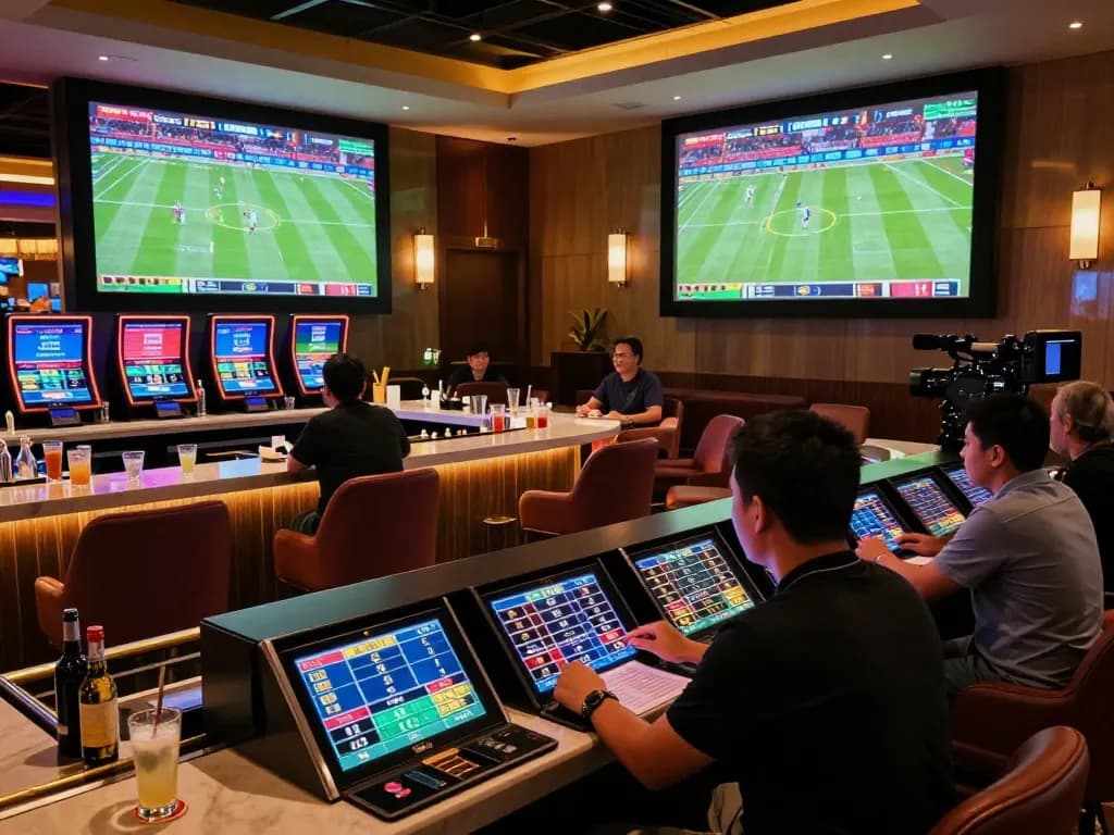 mm88 sports betting patrons analyzing odds in a vibrant lounge