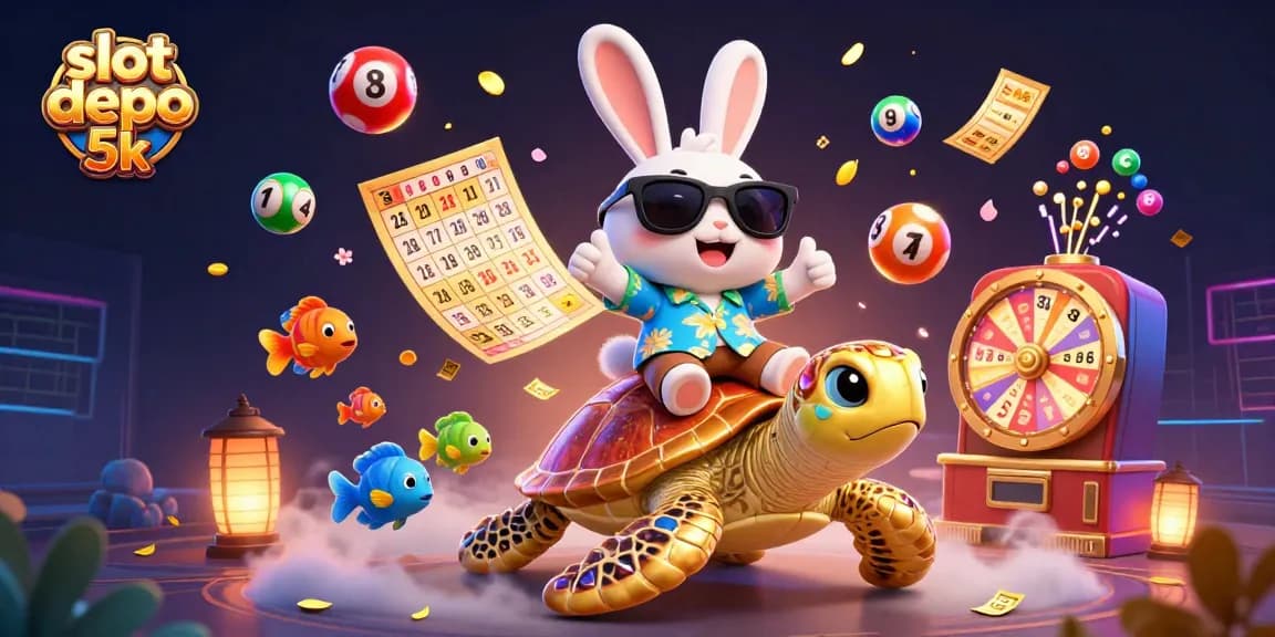 Spin to win with slot depo 5k, as vibrant lottery balls and casino icons surround a lucky rabbit and turtle.