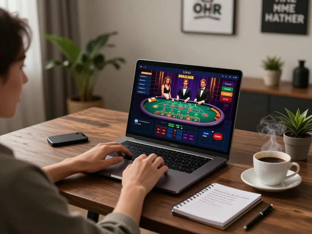 KONG88 user engaging in online live dealer games with laptop, strategic notes and coffee nearby.