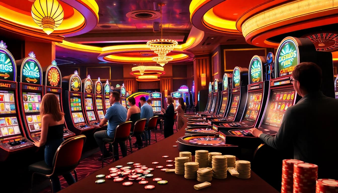 Enthusiastic players enjoying slot gacor machines in a vibrant casino atmosphere.