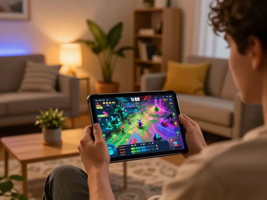 Engaging with Tr88 game on a tablet in a comfortable home gaming setup.