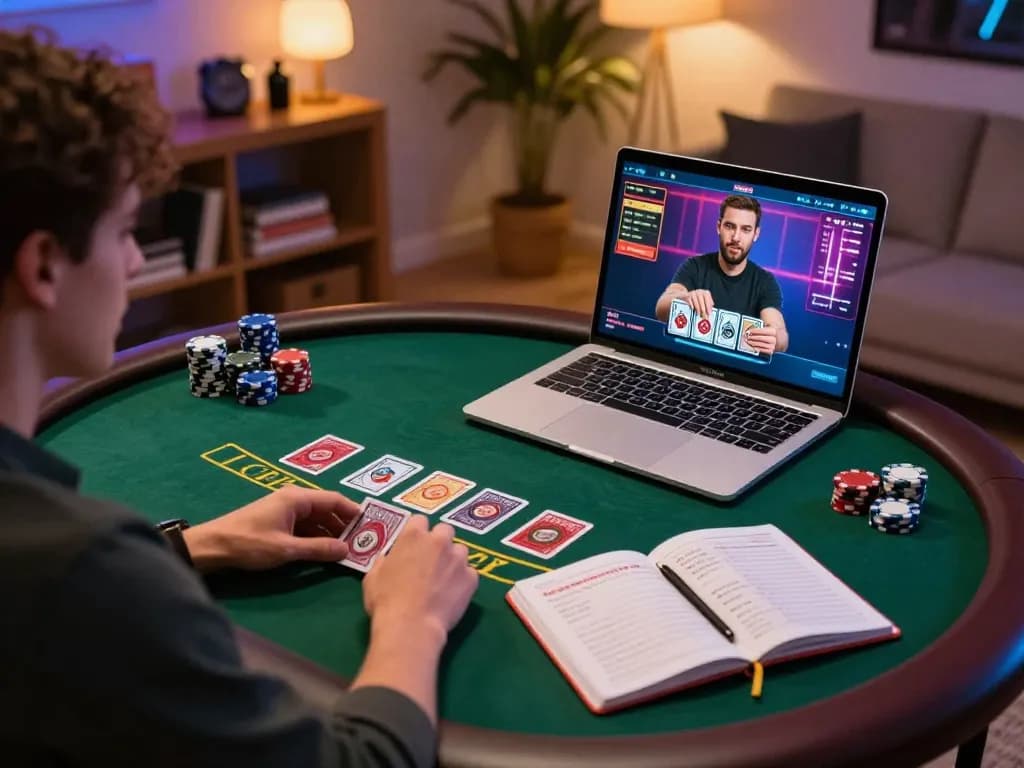 Player enjoying an mb66 live dealer blackjack game at home, showcasing strategic betting notes and chips