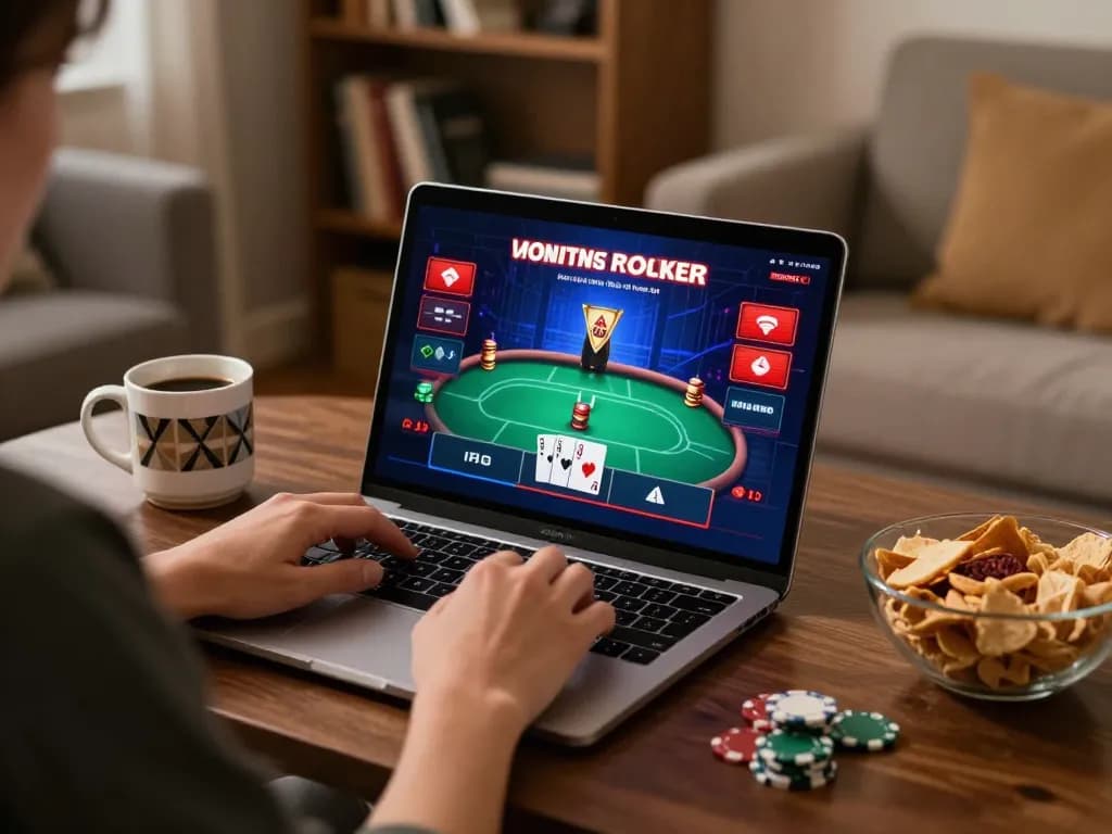 Engaging online gaming session with 3BET poker game interface in stylish home setup.