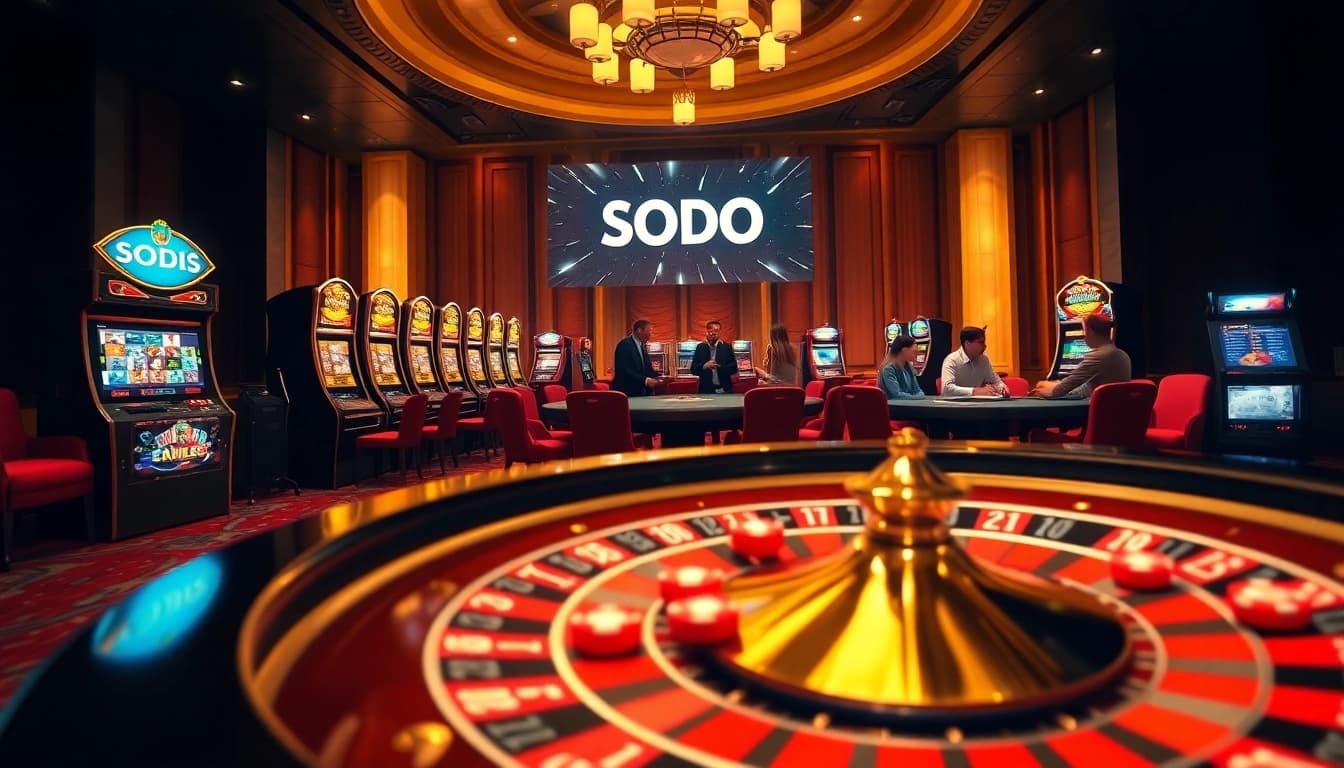 SODO casino featuring a thrilling roulette wheel and excited players at the poker table.