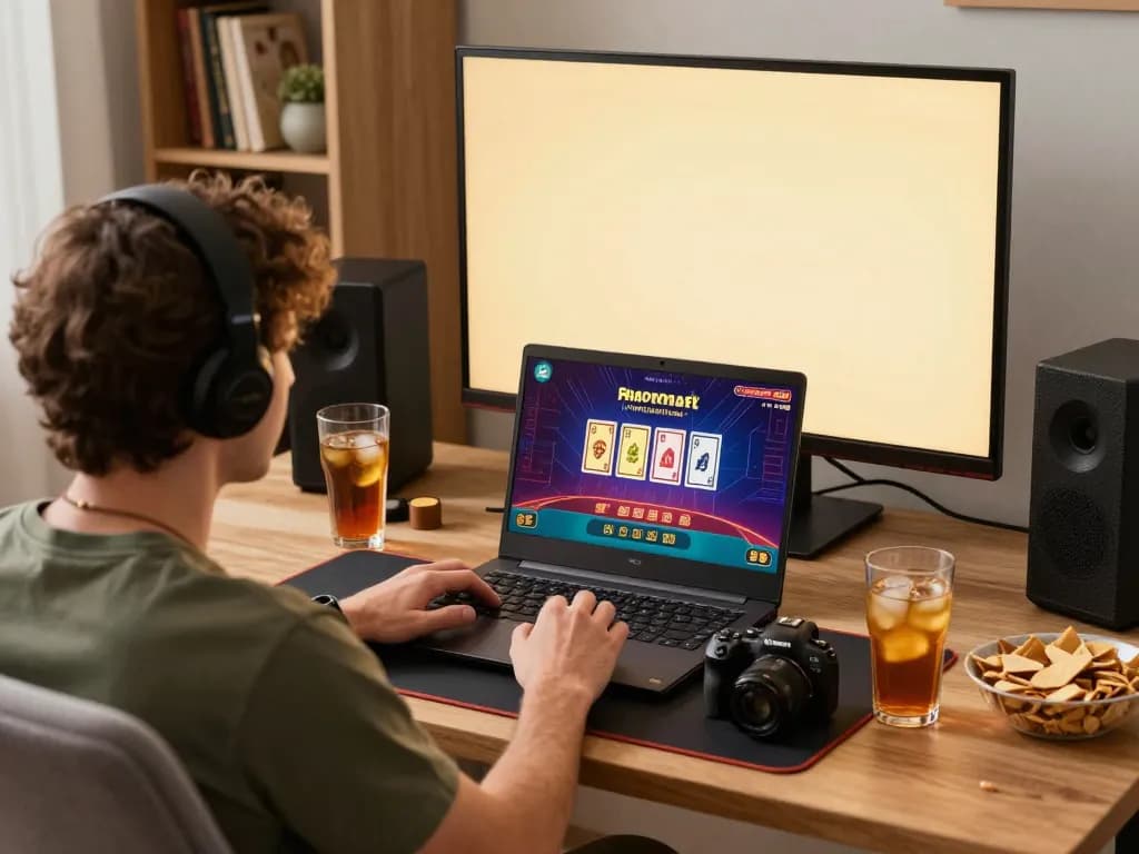 Engaging in an online poker game with BETWIN4D, highlighting strategic gameplay in a stylish home setup