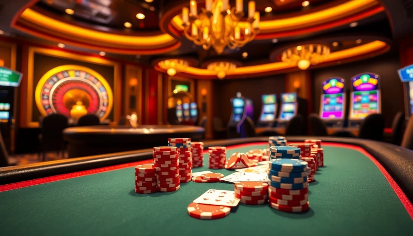 Experience high-stakes gambling at C168's luxurious poker table with vibrant chips and cards.
