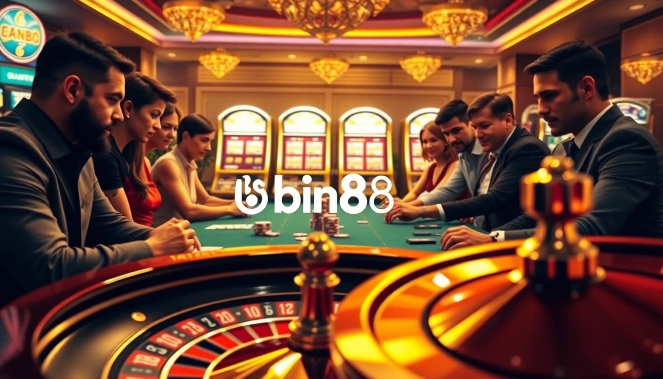 Players revel in high-stakes betting at Bin88 casino table, showcasing excitement and luxury.