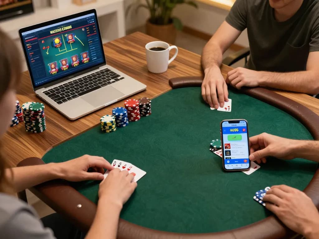 Engaged players placing bets at sc88 casino online poker game in a cozy home setting.