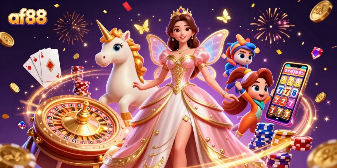 Spin and win at af88 with vibrant casino elements and glamorous characters in a magical 3D scene.