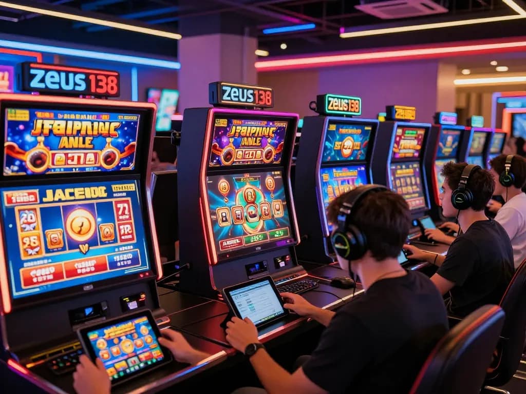 Exciting Zeus138 online gambling scene with players enjoying slot games and jackpots in a vibrant gaming lounge.