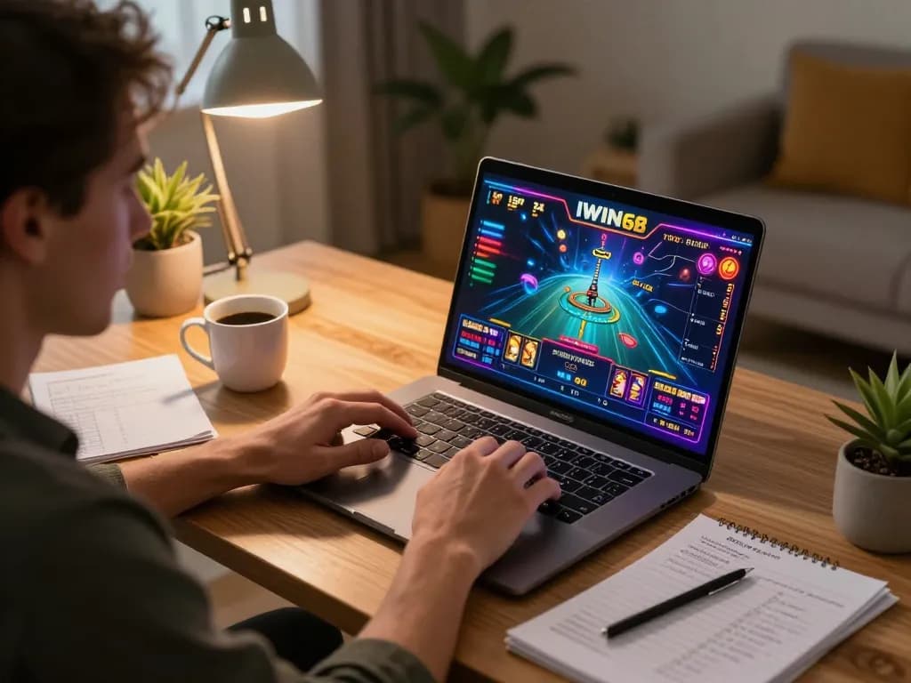 IWIN68 player focusing on online casino gaming at home, coins and strategy notes visible.