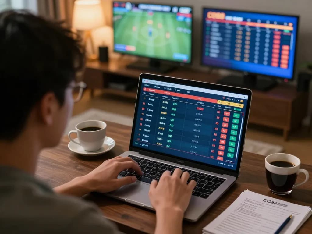 Engaged player placing sports bets on CO88 platform at home, showing laptop and strategy notes.
